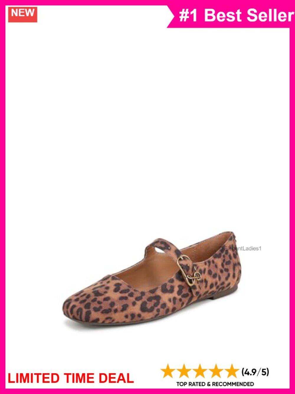 Pointed Toe Mary Jane Flats with Buckle Closure and Animal Print